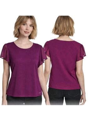 CALVIN KLEIN Blouse Women's  Purple Flutter Sleeve Chiffon Top Elegant Size XL